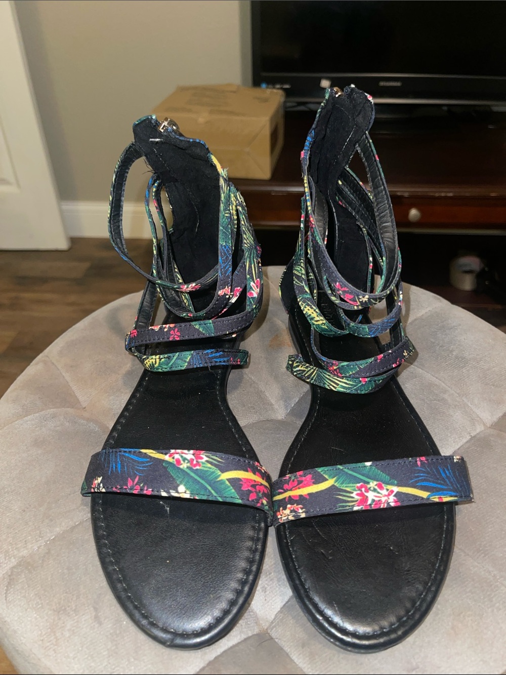 BAMBOO Black Floral Multi-Color Strappy Sandals